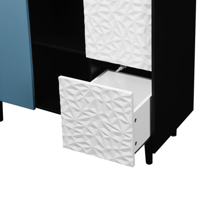 Sideboard Buffet Cabinet, Black Storage Cabinet with Red Doors , 2 Drawers with unique panel styling and 2 Open Storage Compartment, Modern Coffee Bar Cabinet Accent Cabinet for Kitchen, Dining Room,