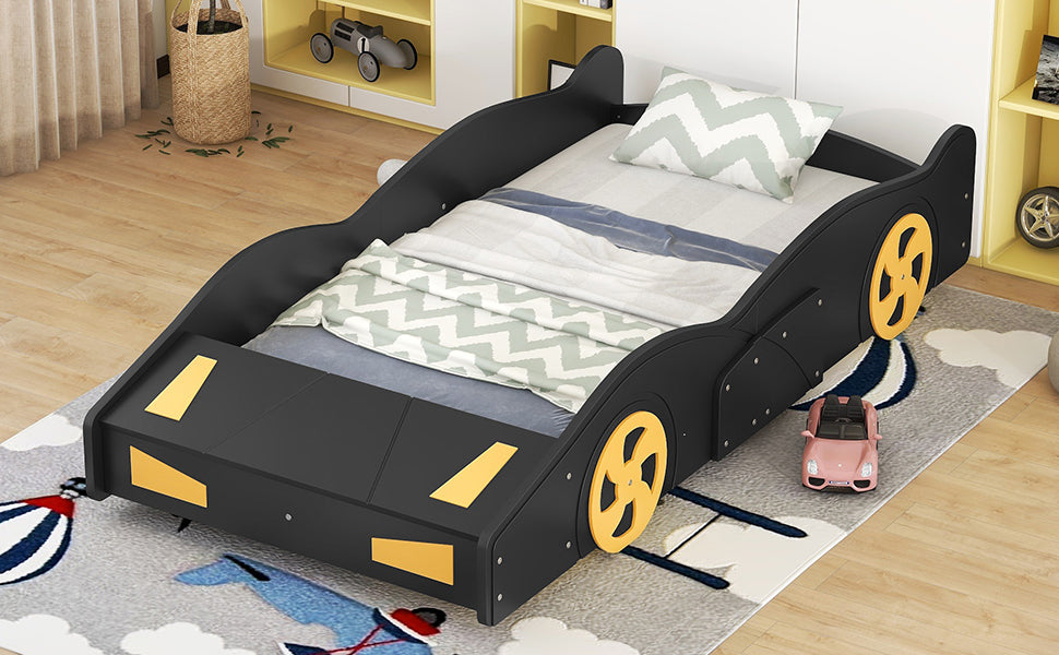 Twin Size Race Car Platform Bed with Storage and Wheels in Black and Yellow
