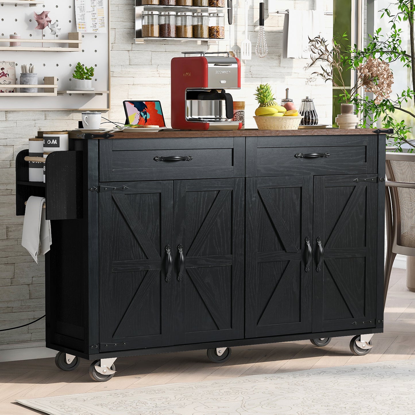 Rolling Farmhouse Kitchen Island with Power Outlet, Drop Leaf Design, Ample Storage, and Spice Rack - Black