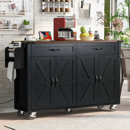 Rolling Farmhouse Kitchen Island with Power Outlet, Drop Leaf Design, Ample Storage, and Spice Rack - Black