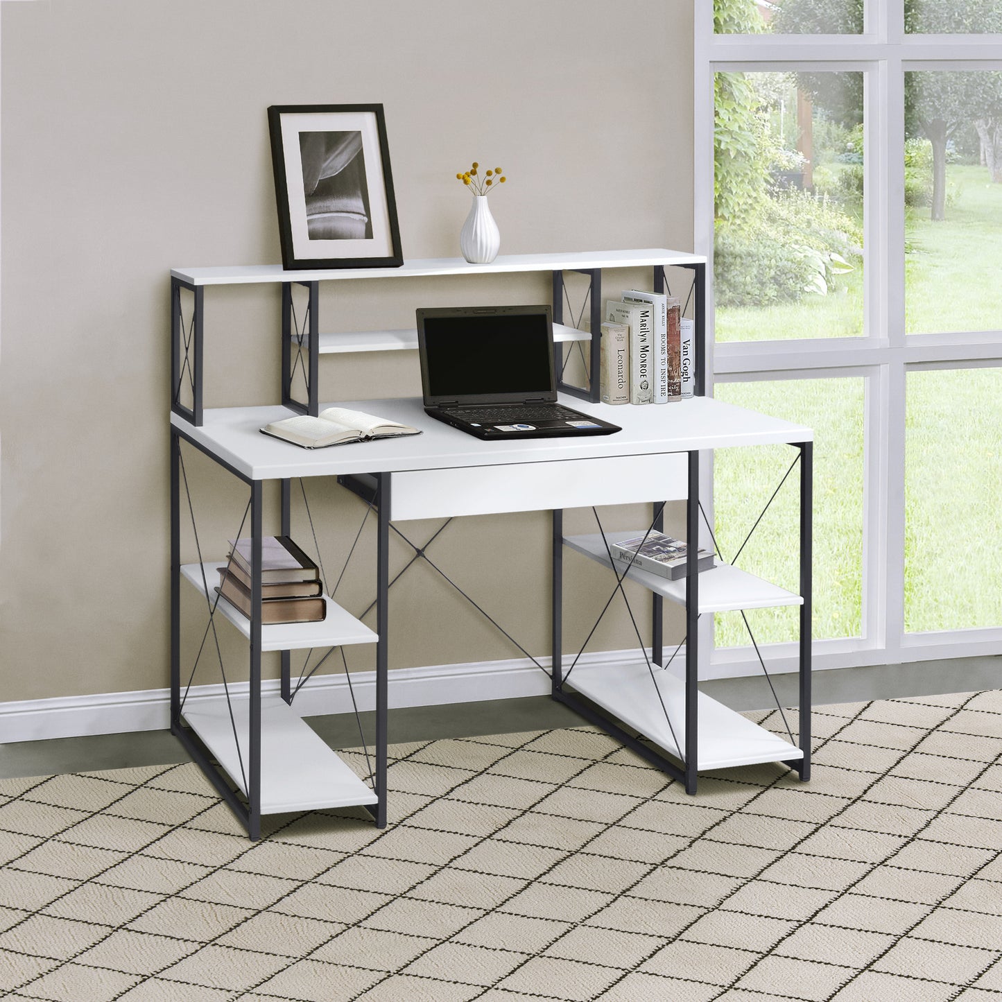 Modern White and Black Writing Desk with Open Shelving and Hutch