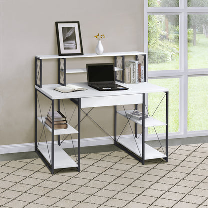 Modern White and Black Writing Desk with Open Shelving and Hutch
