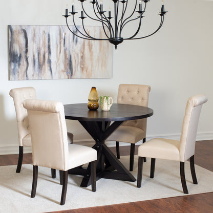 Round Cross Buck Dining Table With Four Modern Chairs Set
