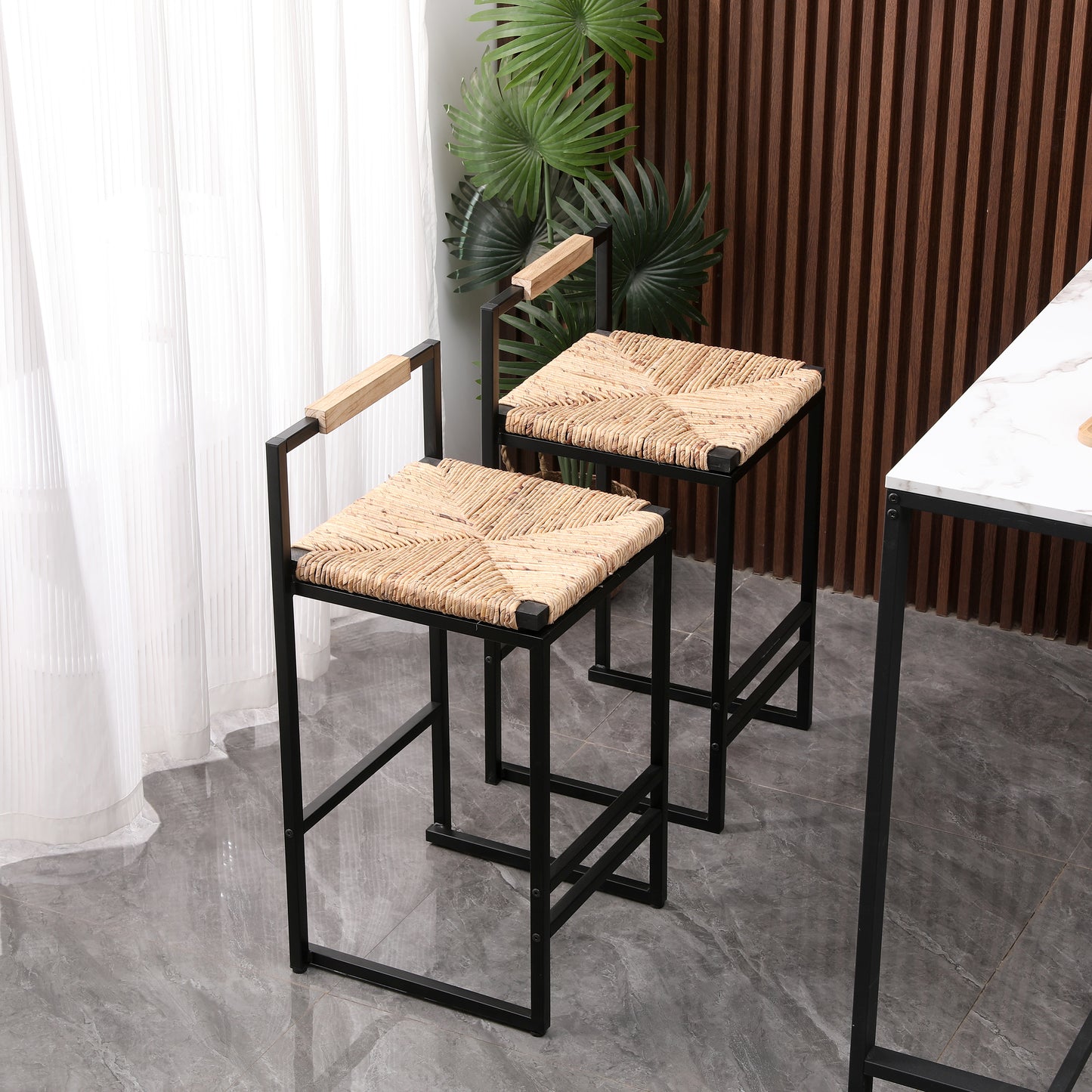 Set Of 2 Counter Height Water Hyacinth Bar Stools With Back