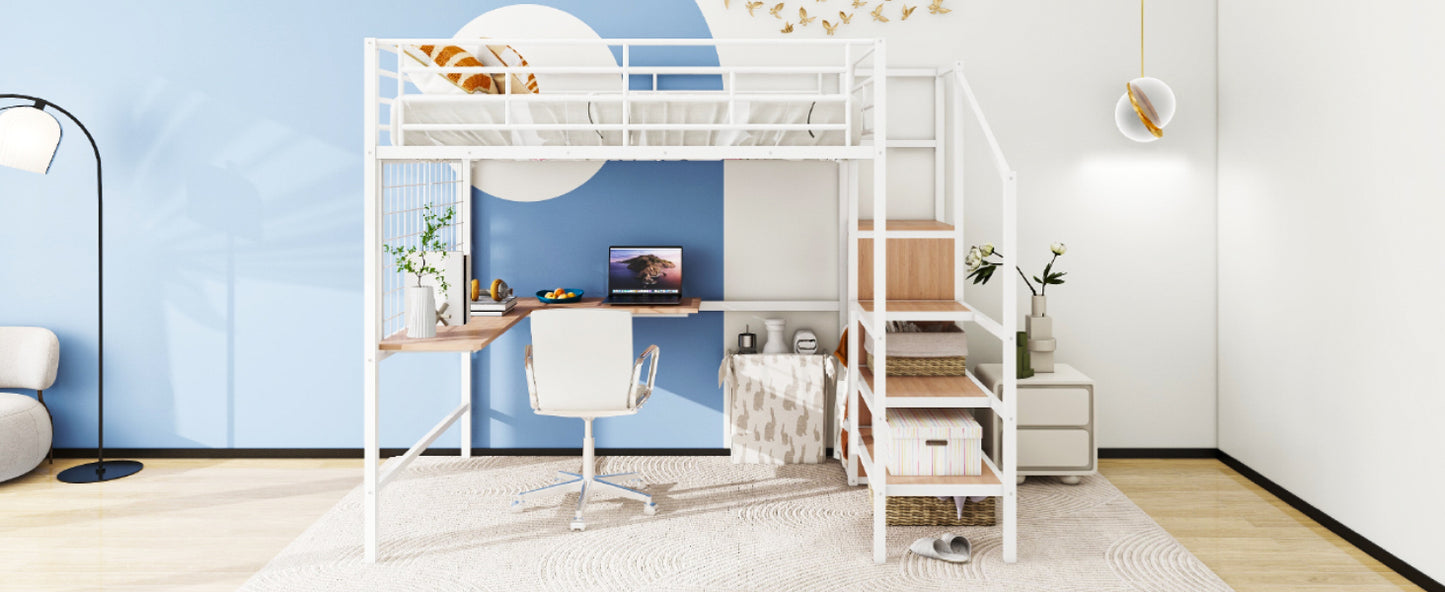 Stylish Full Size Metal Loft Bed with Integrated Desk and Storage Solutions in White