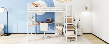 Stylish Full Size Metal Loft Bed with Integrated Desk and Storage Solutions in White