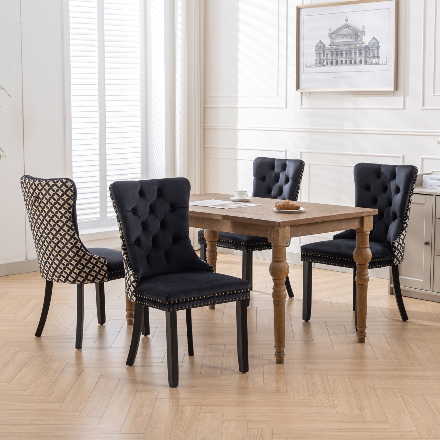 Velvet Dining Chairs Set of 2, Tufted High-Back, Solid Wood Frame, Nailhead Trim, Black & Patterned