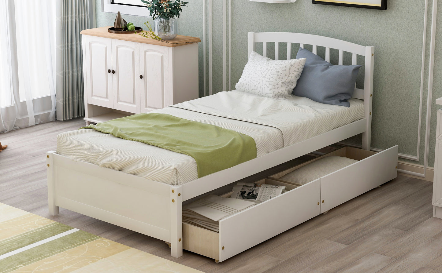 Elegant White Twin Platform Bed with Storage Drawers and Headboard
