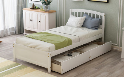 Elegant White Twin Platform Bed with Storage Drawers and Headboard