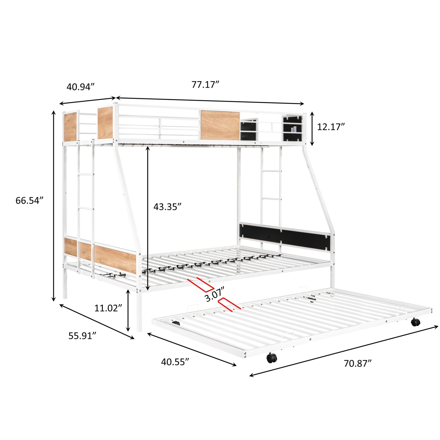 Sturdy Metal Twin Over Full Bunk Bed with Trundle and Safety Guardrails - Space-Saving Design with Noise Reduction and Wooden Accents