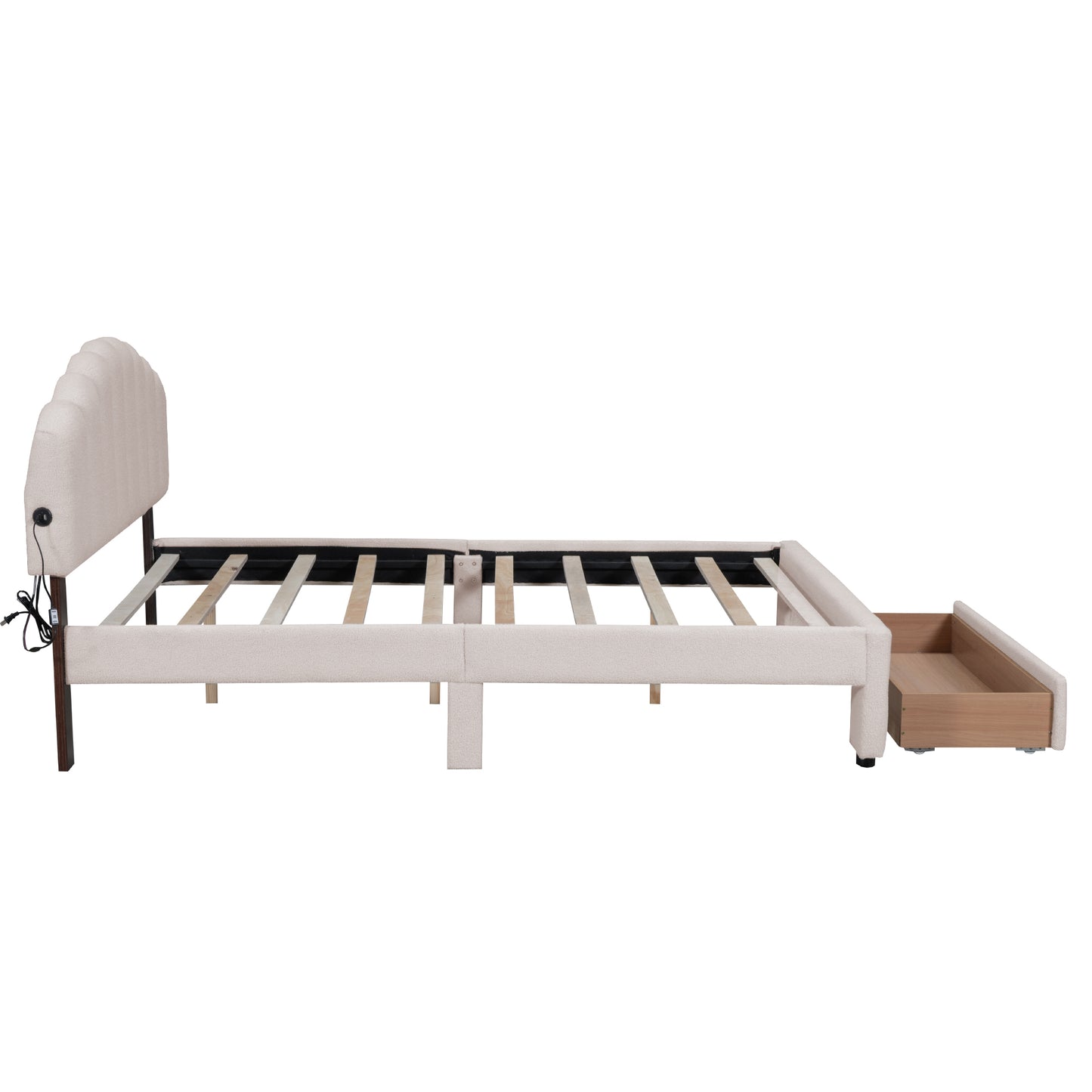 Beige Teddy Fleece Queen Upholstered Platform Bed with Storage Drawer