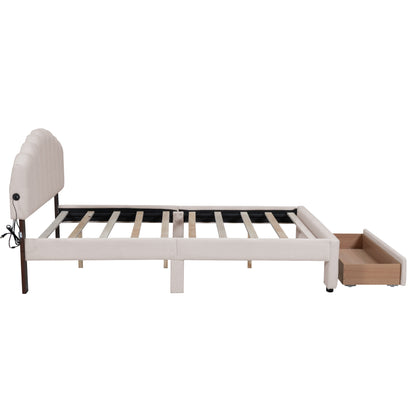 Beige Teddy Fleece Queen Upholstered Platform Bed with Storage Drawer
