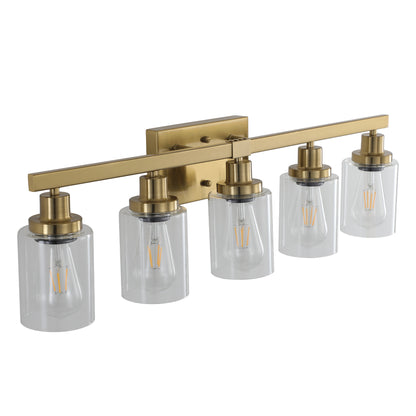 Five-Bulb Vanity Light with Clear Glass Shades Wall Fixture for Bathroom Bulbs Not Included Gold Finish