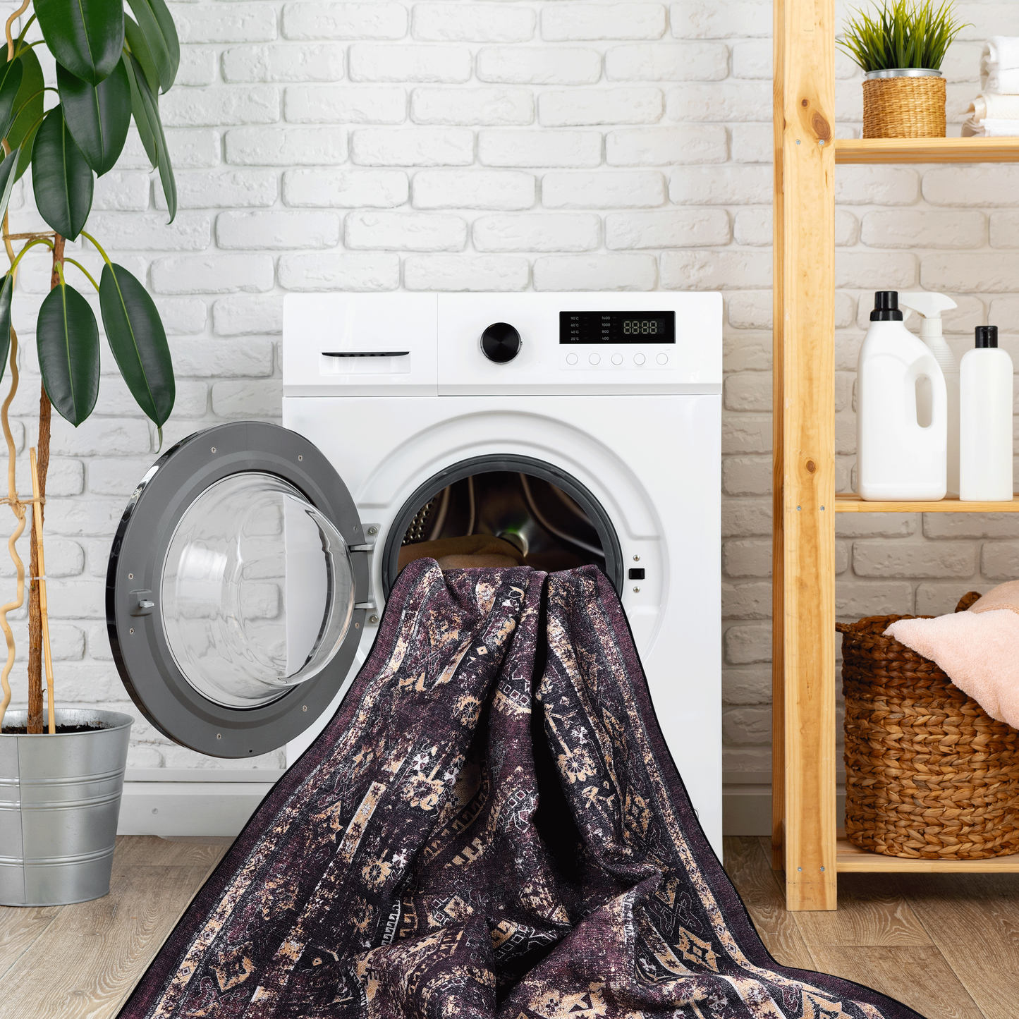 8x10 Machine-Washable Low-Pile Area Rug with Non-Slip Backing Foldable, Kid & Pet Friendly Black+Burgundy