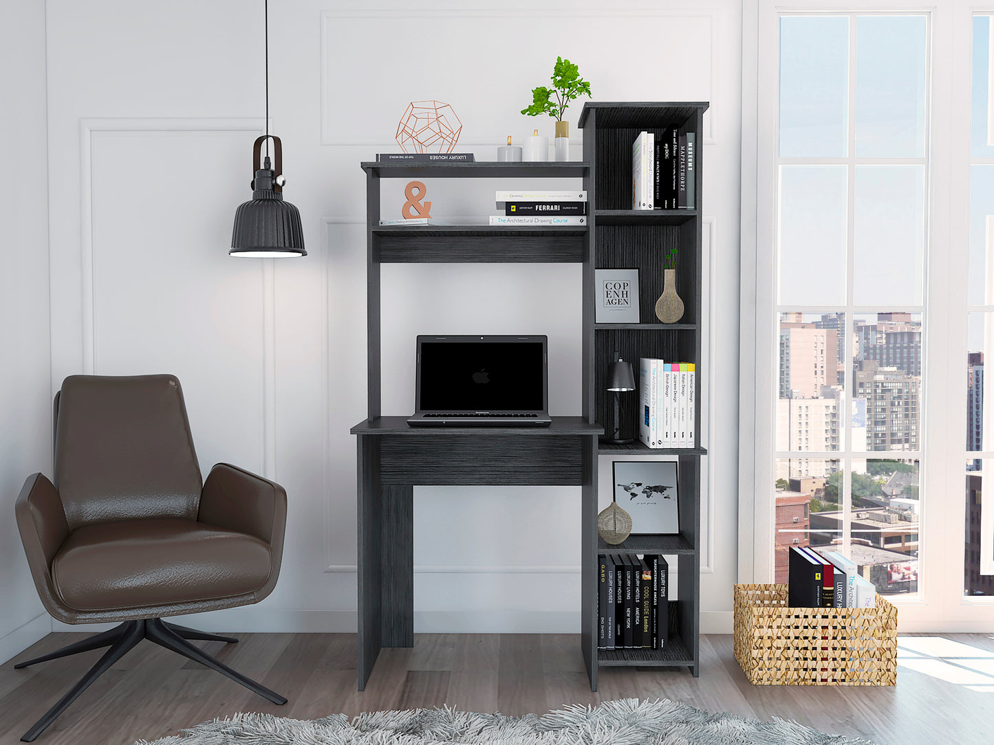 Smokey Oak Versalles Writing Desk with Dual Shelves and Five Cubbies