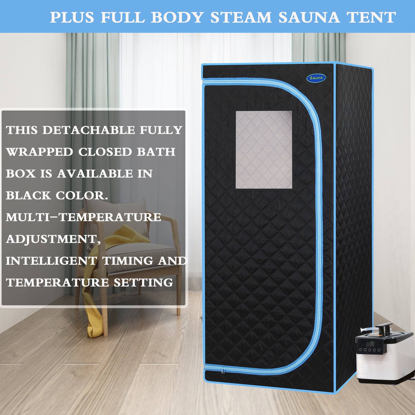 Full Body Portable Steam Sauna Tent for Home Spa Large 31.5in Square 68.9in 1000W 2.6L Pot FCC Black