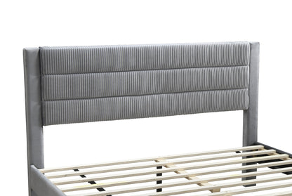 Elegant Gray Corduroy Queen Size Bed Frame with Storage Drawer and Modern Design