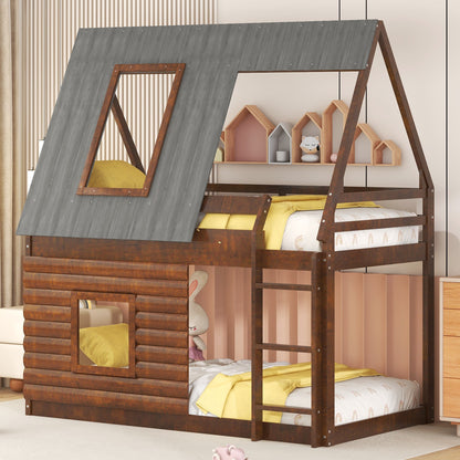 Charming Oak & Smoky Grey Twin Size House Bunk Bed with Roof, Ladder, and Two Windows