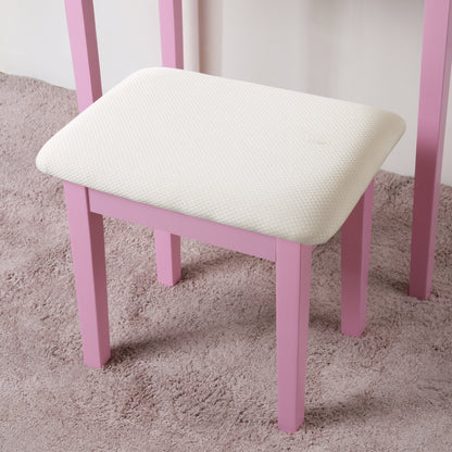 Wood Makeup Vanity Table and Stool Set with Drawers, Perfect for Bedroom Vanity Space, Pink