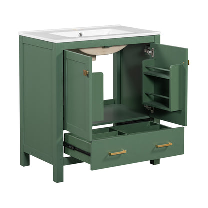30" Elegant Green Bathroom Storage Vanity with Integrated Undermount Sink and Soft-Close Features
