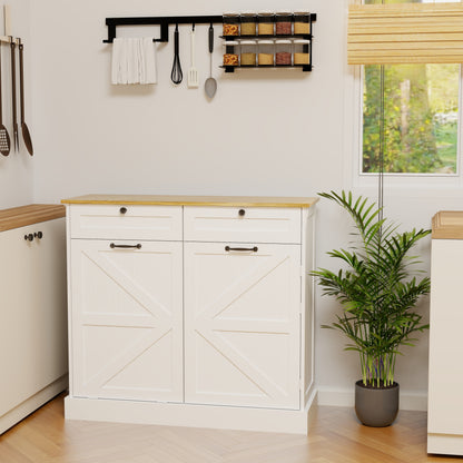 Modern White Kitchen Trash Storage Cabinet with Drawers and Tilt-Out Bin - Multifunctional Organizer for Home Use