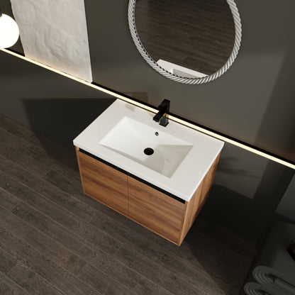 30-Inch LEVISTAR Brown Engineered Wood Bathroom Vanity with Resin Sink and Dual Door Storage Cabinet