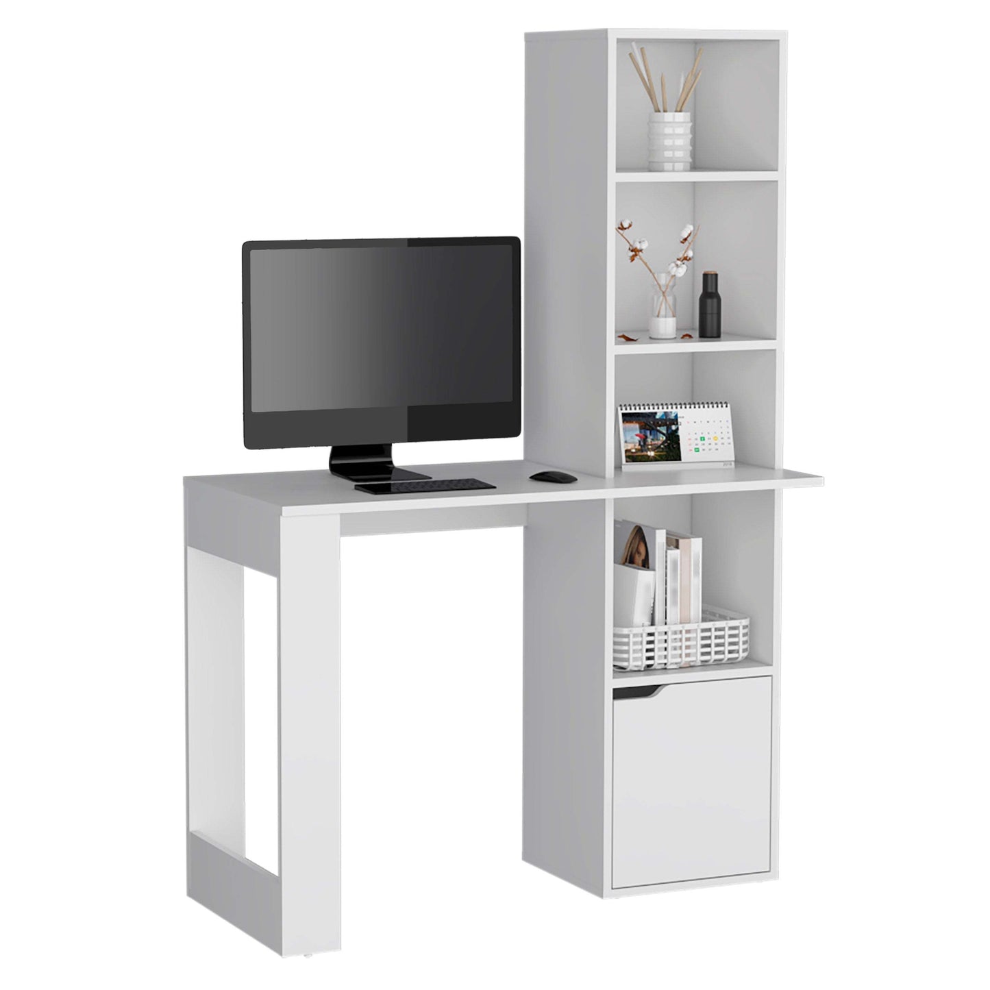 White Writing Desk with Integrated Bookcase and Storage Cabinet