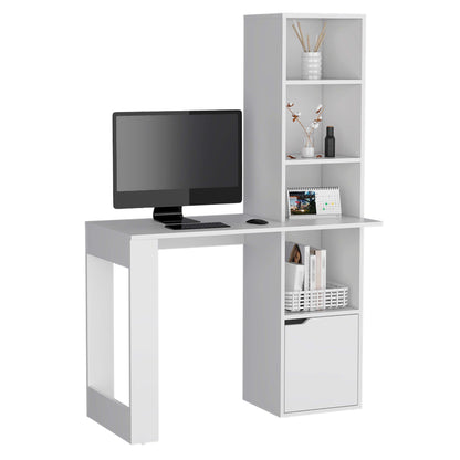 White Writing Desk with Integrated Bookcase and Storage Cabinet