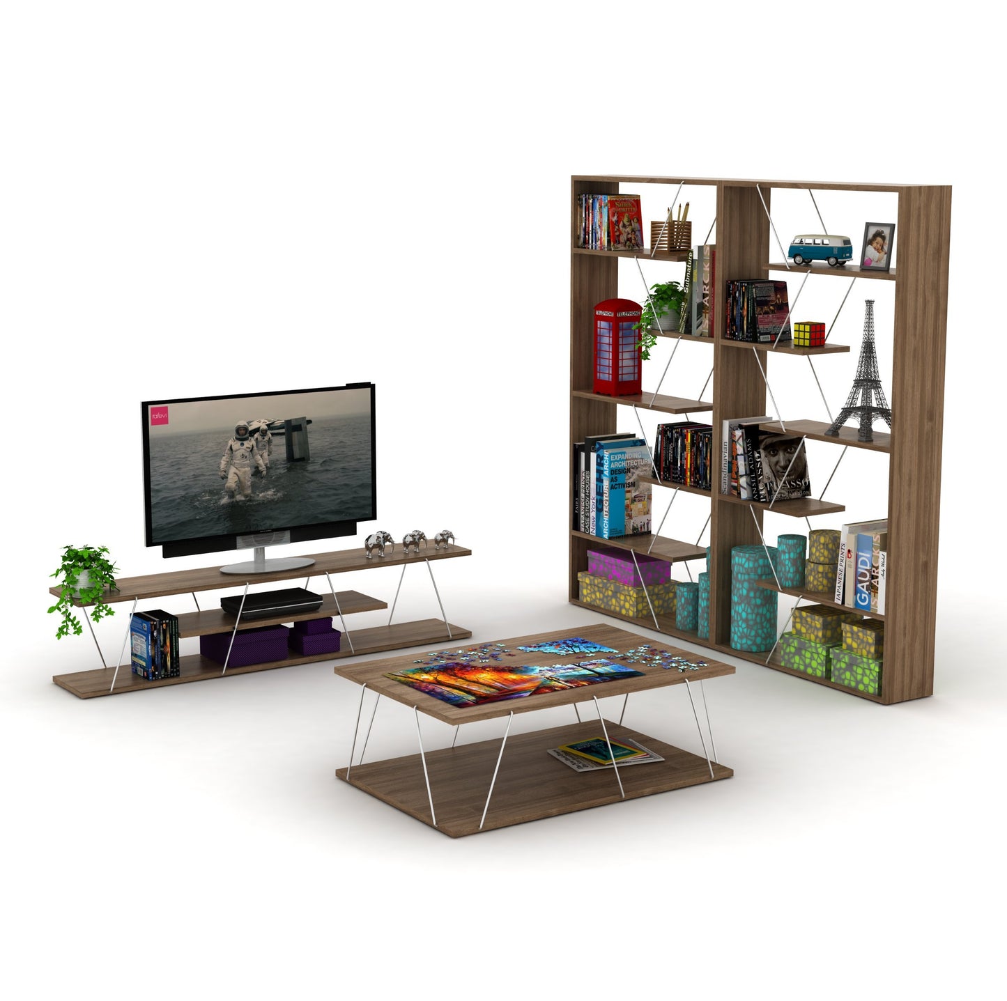Walnut and Chrome Industrial 6-Shelf Wood Frame Etagere Bookcase for Modern Offices and Living Rooms