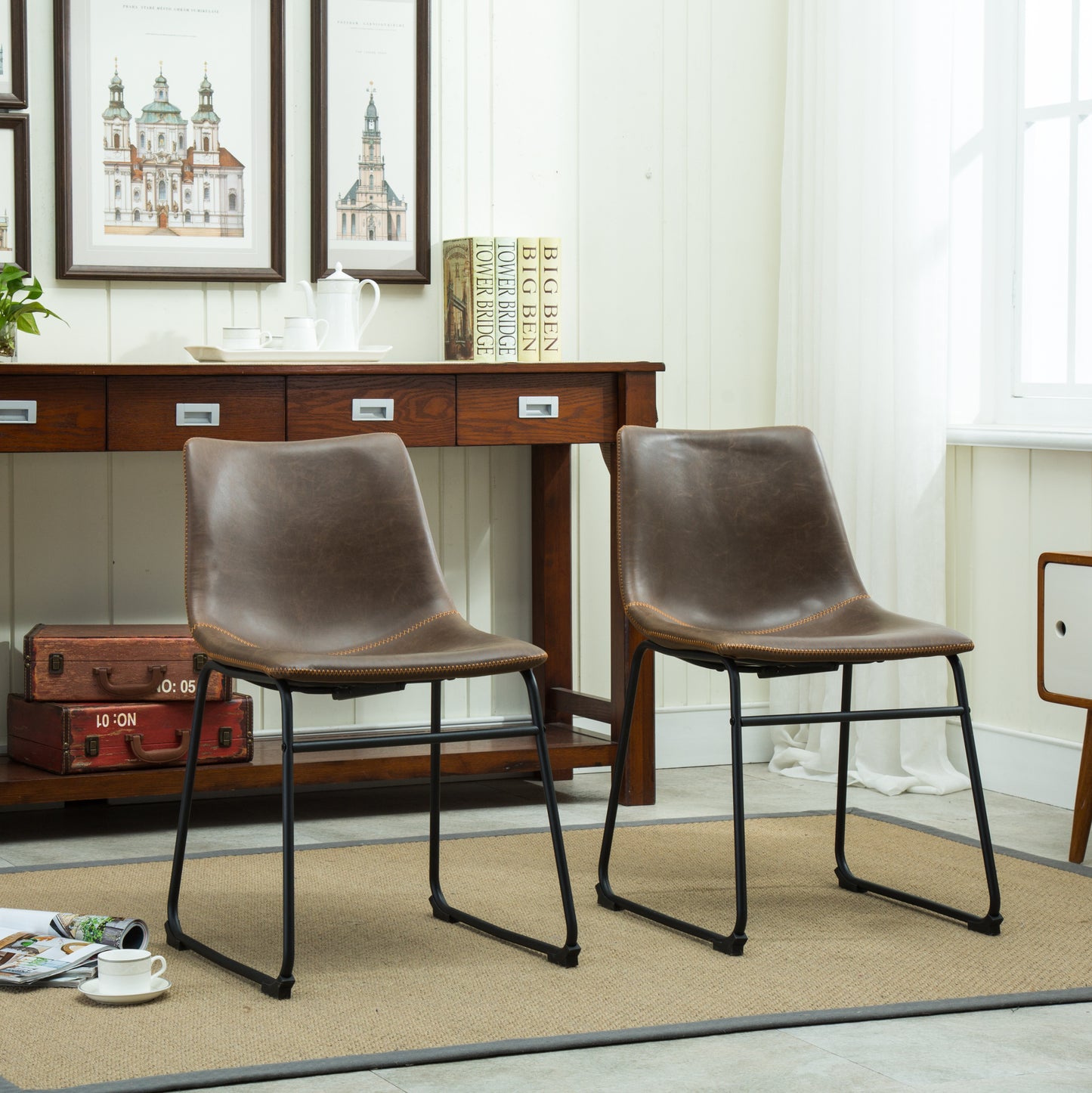 Vintage PU Leather Dining Chairs, Set of 2, Frame, Molded Seat, 18.5W x 22.25D x 31.5H, Antique Brown