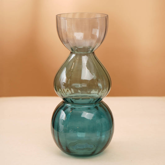 Handblown Glass Bauble Vase, 6.5 x 6.5 x 14 Inches, Statement Centerpiece for Living Room, Teal and Clear