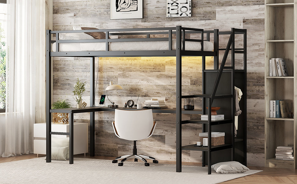 Twin XL Metal Loft Bed with L-shaped Desk, USB Charging Station, Wardrobe, and LED Lights - Stylish Space-Saving Solution for Teens and Adults in Black