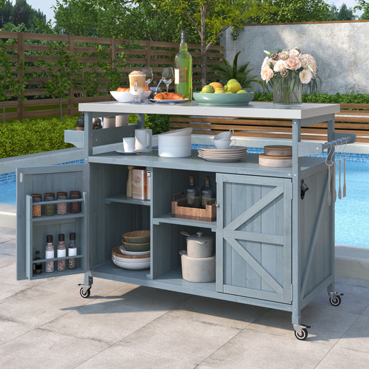 Rolling Outdoor Kitchen Island with Stainless Steel Top, Grey Blue Fir Wood Bar Cart & Storage Cabinet for BBQ and Garden Parties