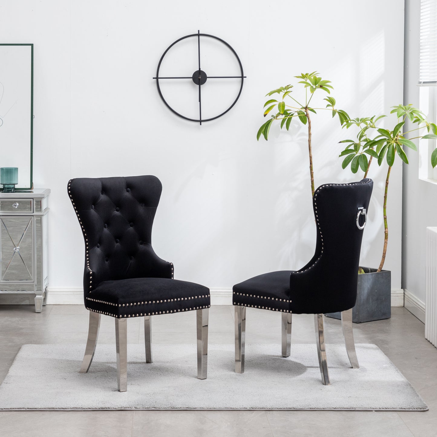 Montura Contemporary Tufted Velvet Chair with Nailhead Trim, Set of 2, Black