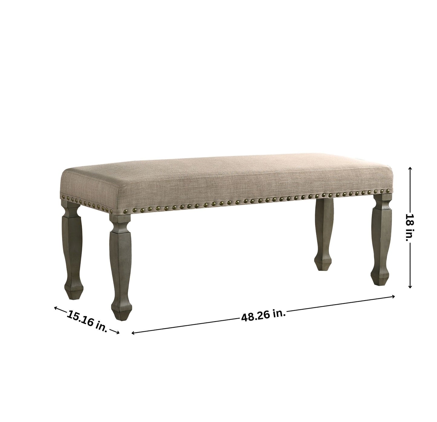 Upholstered Nailhead Bench with Tan Seat, Solid Wood Frame, 48.6 x 15.2 x 18 in, Antique Gray Finish