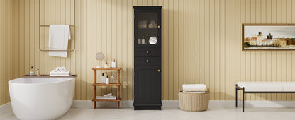 63" Tall Bathroom Storage Cabinet with Glass Doors, Free-Standing, Two Drawers, and Adjustable Shelves, MDF Board, Painted Black - Perfect for Displaying Your Favorite Items