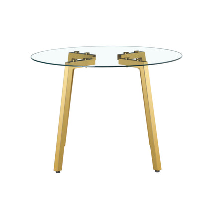 Modern minimalist style circular transparent tempered glass table, tempered glass tabletop, golden metal legs, suitable for kitchen, dining room, and living room, 42 "* 42" * 29.5 "1123r