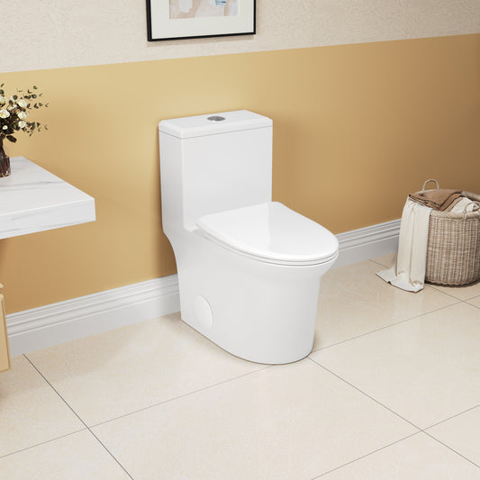 Elongated Comfort Height One-Piece Toilet with Quiet Dual-Flush System, CUPC & WaterSense Certified, White Ceramic, Soft Close Seat