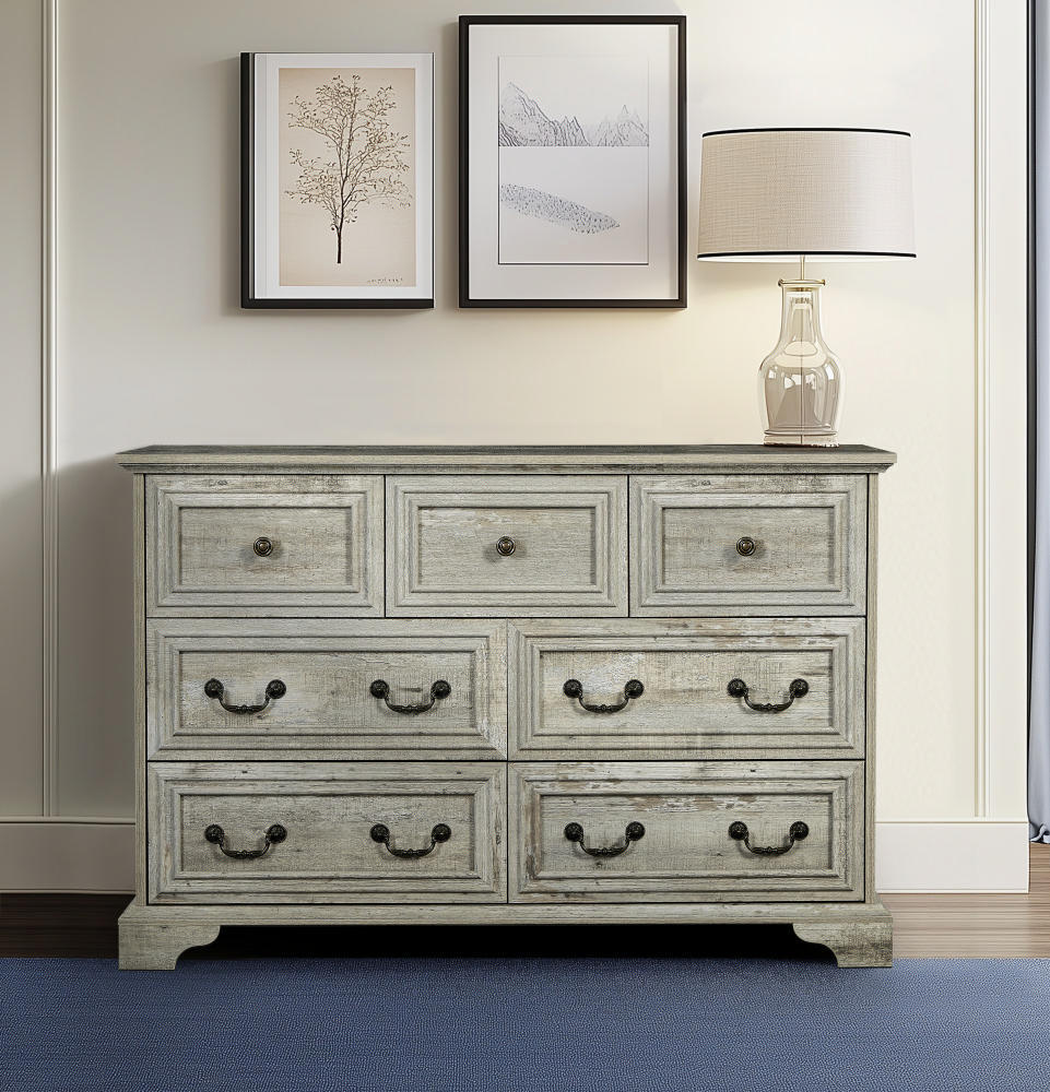 Vintage-Inspired 7-Drawer Rustic Dresser for Bedroom, Elegant Storage Chest with Antique Finish, Versatile Organizer for Living Room and Hallway, Distressed White Wood Design