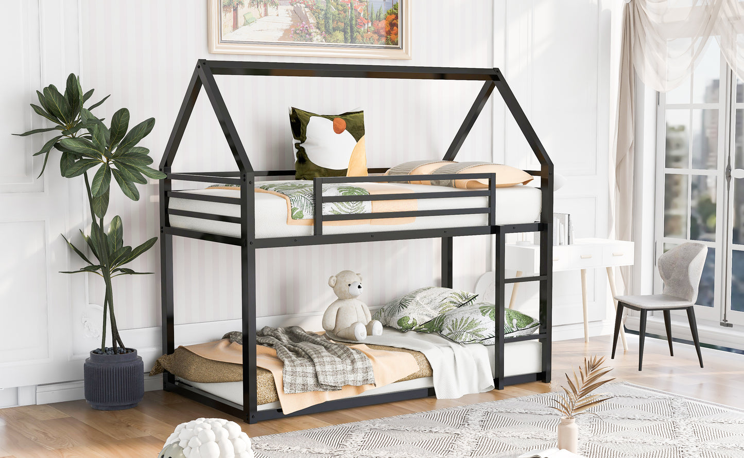 Twin House Bunk Bed for Kids - Black Twin over Twin Design with Built-in Ladder