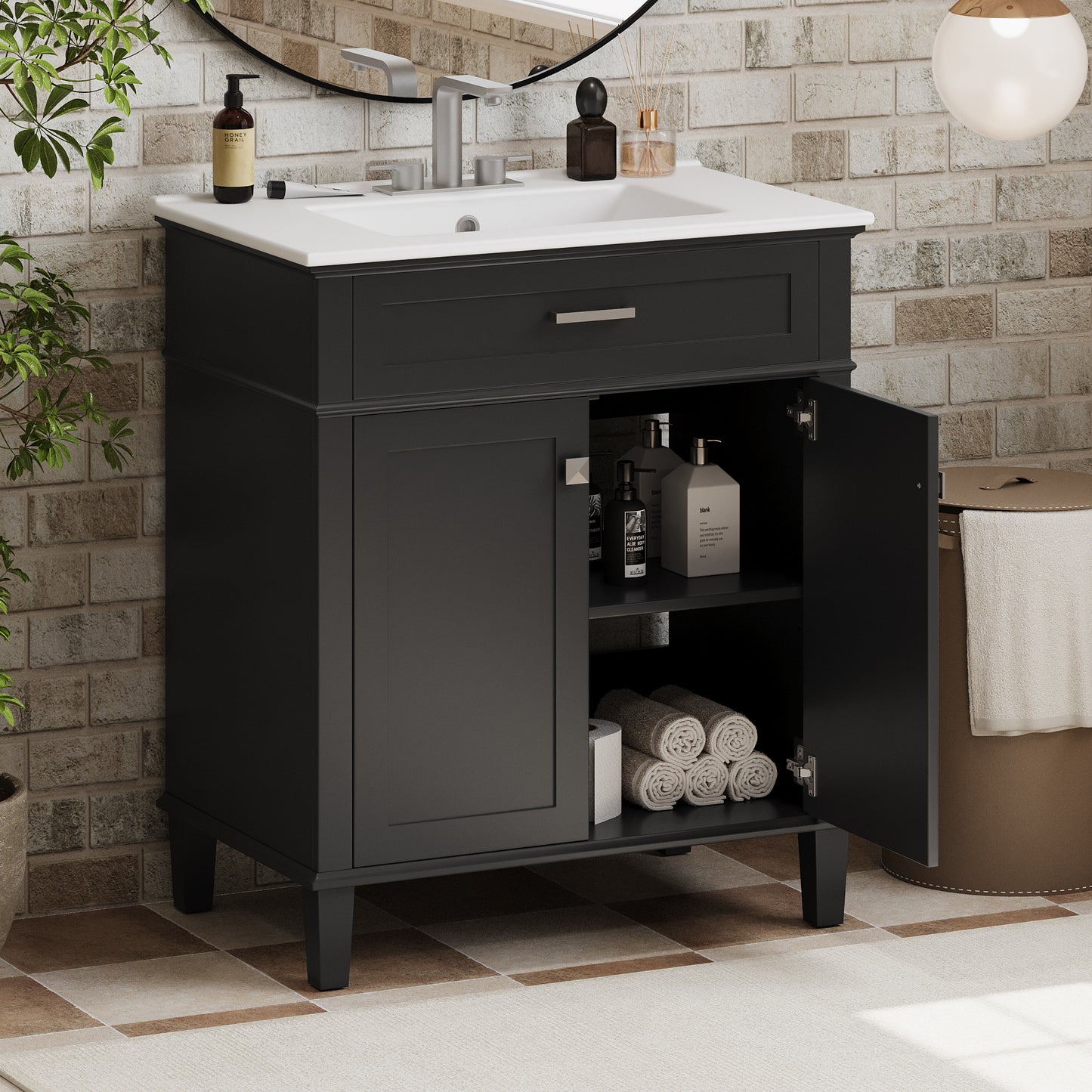 30-Inch Black Bathroom Vanity with Ceramic Sink, Soft-Close Doors, and Adjustable Storage Shelves