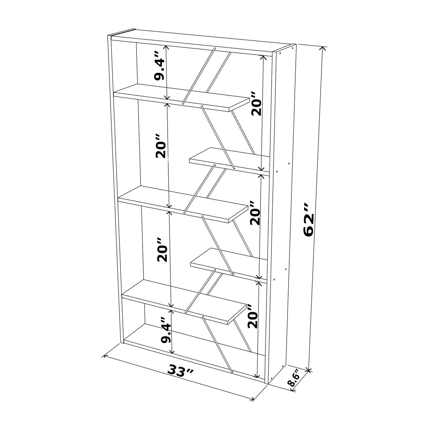 Walnut and Chrome Industrial 6-Shelf Wood Frame Etagere Bookcase for Modern Offices and Living Rooms