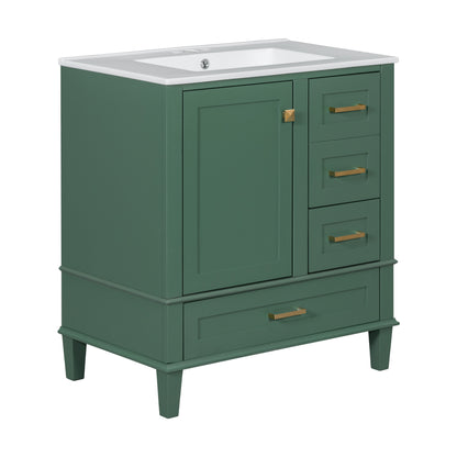 30" Stylish Green Bathroom Vanity with Soft-Close Doors and Sink Combo, Modern Cabinet Featuring 3 Spacious Drawers and Solid Wood Frame