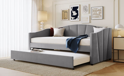 Elegant Gray Upholstered Twin Daybed Sofa with Trundle and Wooden Slats