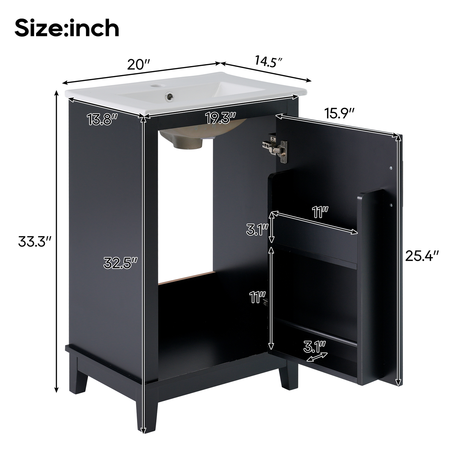 Compact 20-Inch Black Bathroom Vanity Cabinet with Ceramic Sink - Modern Design, Ample Storage, Soft-Close Door