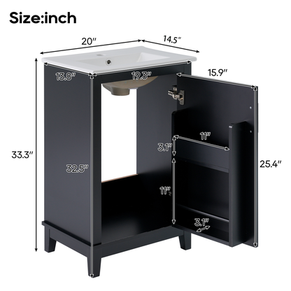 Compact 20-Inch Black Bathroom Vanity Cabinet with Ceramic Sink - Modern Design, Ample Storage, Soft-Close Door