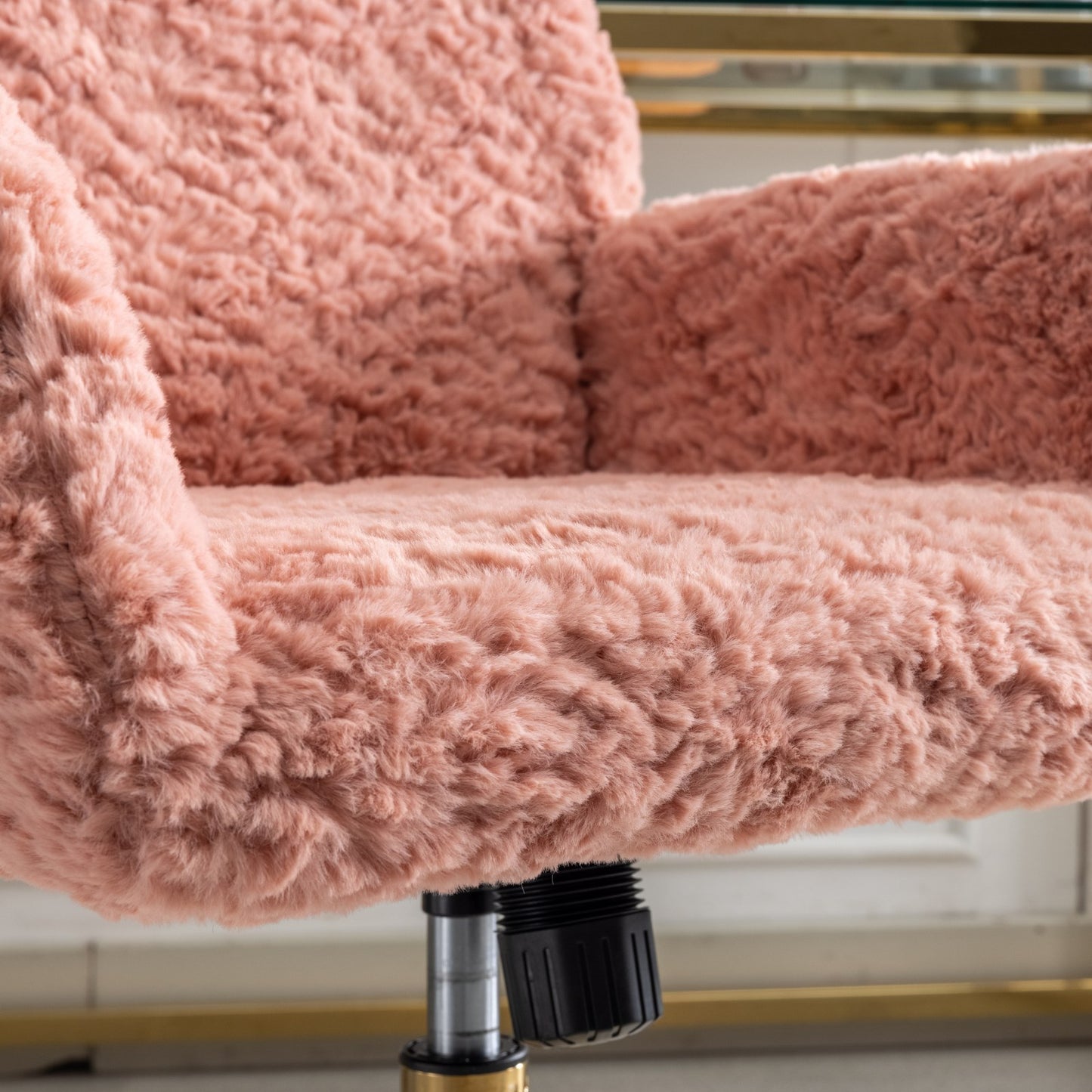Elegant Pink Upholstered Office Chair with Golden Base - Adjustable Swivel Vanity Chair with Rabbit Fur Cushion