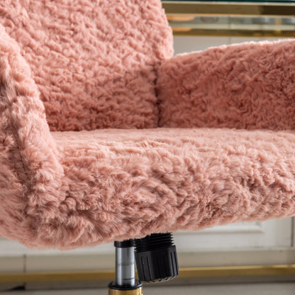 Elegant Pink Upholstered Office Chair with Golden Base - Adjustable Swivel Vanity Chair with Rabbit Fur Cushion