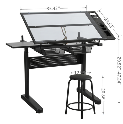 Adjustable Hand Crank Drafting Table with Stool and Metal Drawers (Black)