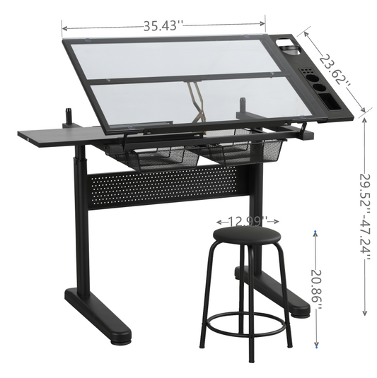 Adjustable Hand Crank Drafting Table with Stool and Metal Drawers (Black)